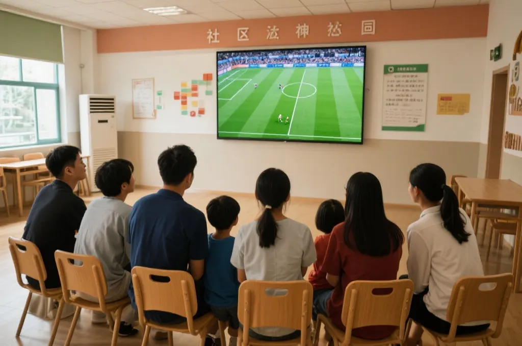 社区活动中心内，一群家庭和年轻人围坐在大屏前观看足球比赛，氛围温馨有序